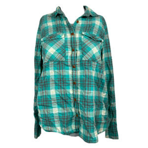 J. Crew Shirt Womens Sz 2 Aqua Green White Plaid Cotton Flannel Pocket Button Up